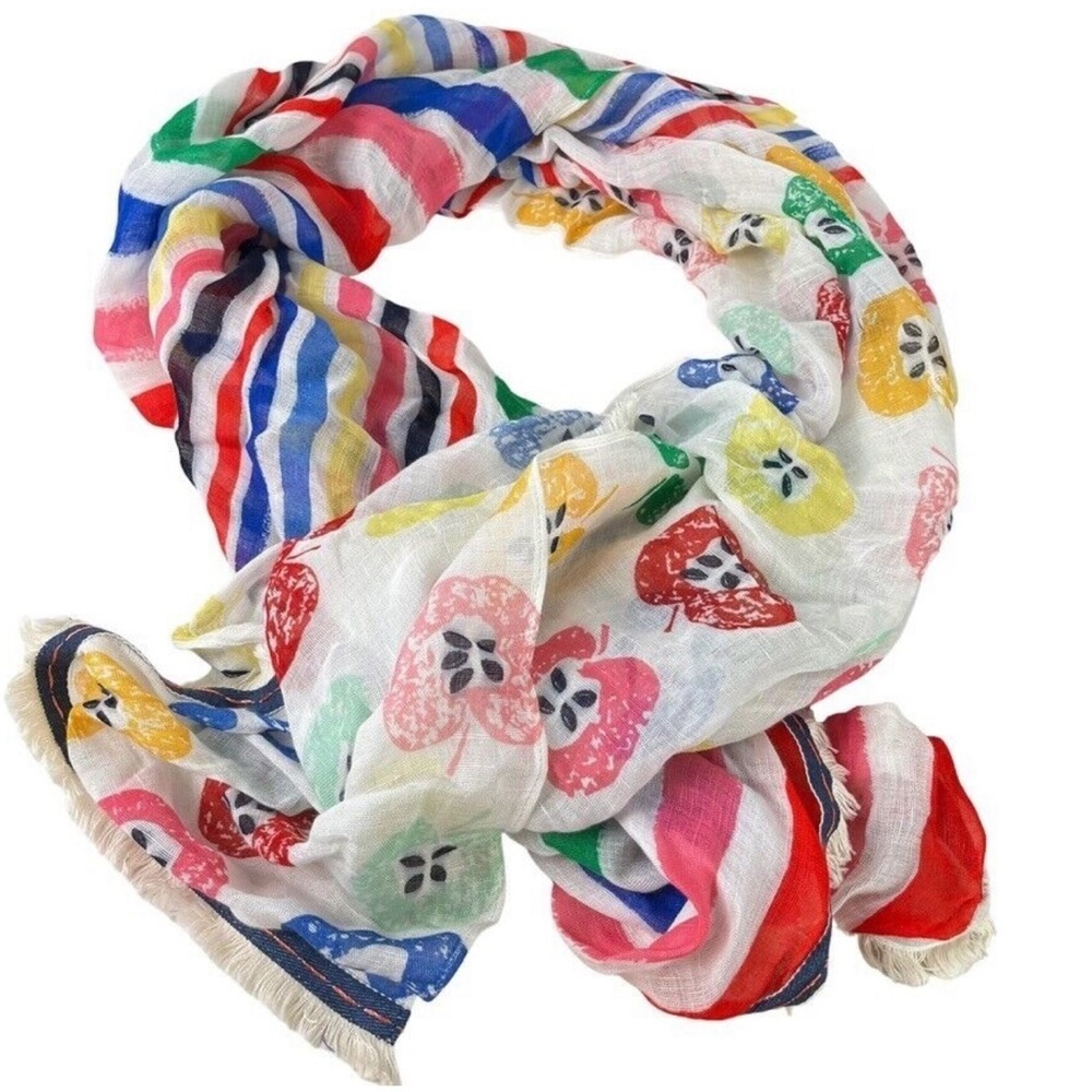 NWOT Talbots Linen Blend Colorful Apple & Stripe Print Scarf Fringe Wrap 108x26